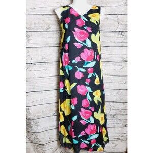 Gabrielle Black Pink Yellow Floral Print Scoop neck Sleeveless Long Dress Sz 16